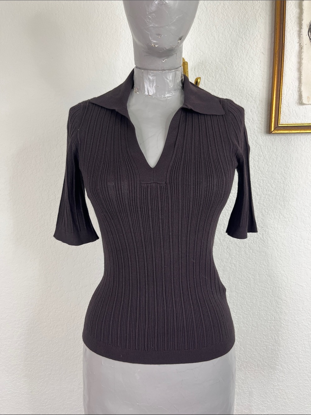 Madewell The Signature Knit Johnny Collar Sweater in Espresso Polo V Neck